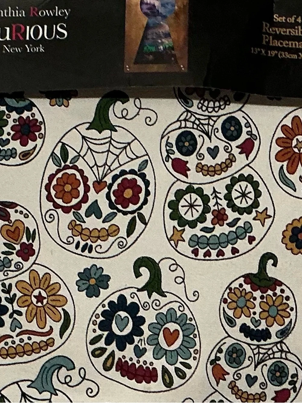 Cynthia Rowley Reversible Sugar Skull Pumpkins & Fall Stripes Placemat Set